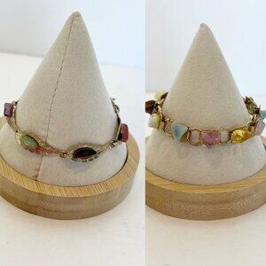 Set of 2 Vintage Natural Various Polished Colorful Stone Link Bracelets